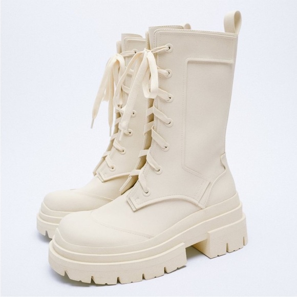 Zara Shoes - Zara beige Off White Rubberized Lace Up Chunky Platform Combat Military Boots